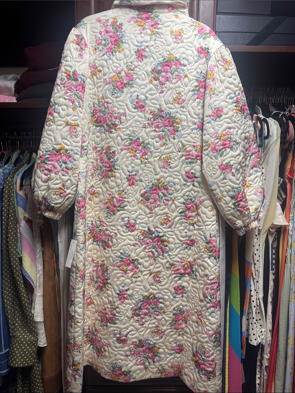 For Love & Lemons Cream Quilted Floral Trench Coat with Pink & Green Accents - Picture 5 of 7